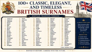 Infographic explaining the origins of British last names with sections on occupational, locational, patronymic, descriptive, and nickname-based surnames, illustrated with classic British heritage symbols.
