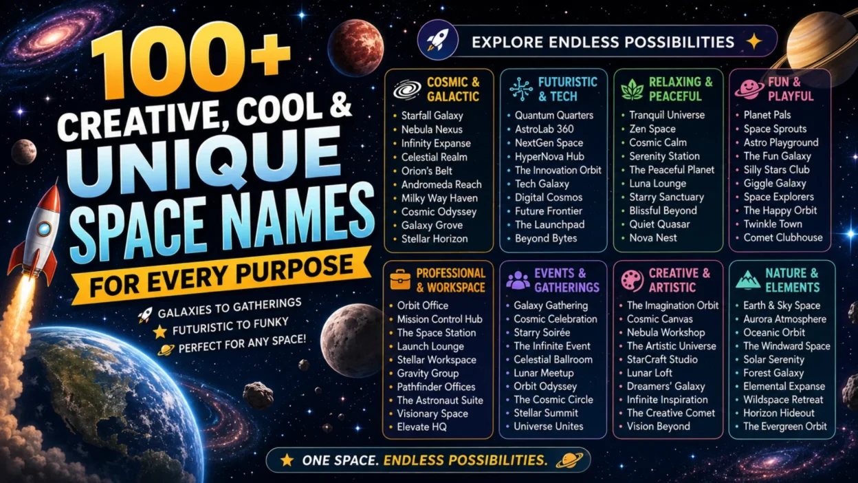 Colorful 1200×1200 infographic showing common mistakes to avoid when choosing space names, featuring planets, stars, an astronaut, rockets, and easy-to-understand naming tips.