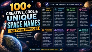 Colorful 1200×1200 infographic showing common mistakes to avoid when choosing space names, featuring planets, stars, an astronaut, rockets, and easy-to-understand naming tips.