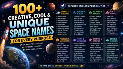 Colorful 1200×1200 infographic showing common mistakes to avoid when choosing space names, featuring planets, stars, an astronaut, rockets, and easy-to-understand naming tips.