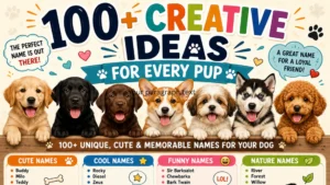 Colorful 1200×1200 illustration showing common mistakes to avoid when choosing unique dog names, featuring an adorable puppy, paw prints, and easy-to-follow naming tips.