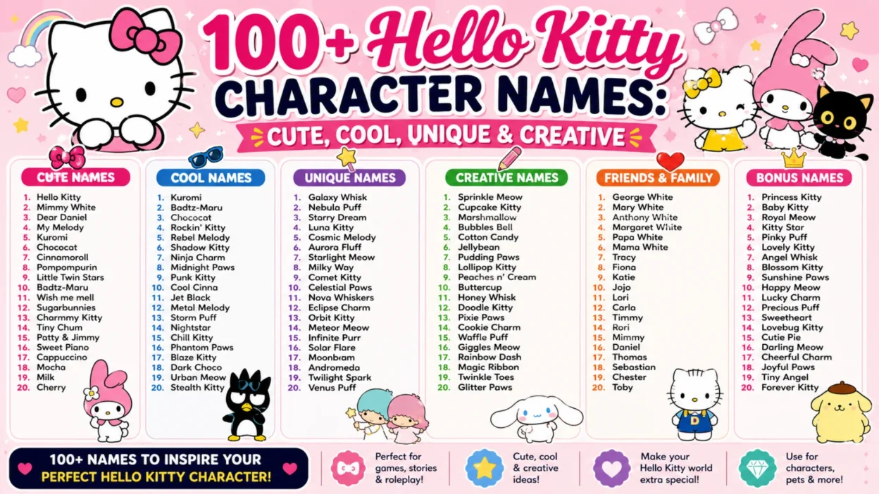 Colorful 1200×1200 illustration featuring short Hello Kitty-inspired character names with cute kawaii elements, bows, hearts, stars, and pastel decorations.