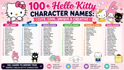 Colorful 1200×1200 illustration featuring short Hello Kitty-inspired character names with cute kawaii elements, bows, hearts, stars, and pastel decorations.