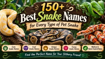 Colorful infographic showing tips for making your pet snake's name more personal, featuring a friendly snake, nature-inspired graphics, and advice based on personality, appearance, behavior, and meaningful inspiration.