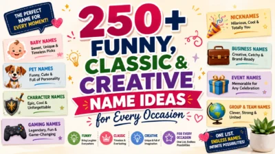 A colorful name ideas banner featuring bold typography, creative icons, and themed name categories promoting 250+ funny, classic, and creative name ideas for every occasion.
