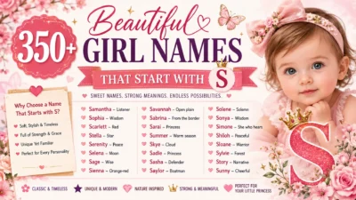 Charming 1200×1200 illustration about choosing girl names that start with S, featuring elegant floral accents, a smiling baby girl, heart icons, and stylish typography in soft pink and gold tones.