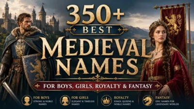 Medieval Knight Names infographic featuring a fully armored knight holding a sword and shield in front of a grand castle, with a collection of noble, legendary, and battle-ready medieval knight names displayed on parchment panels.