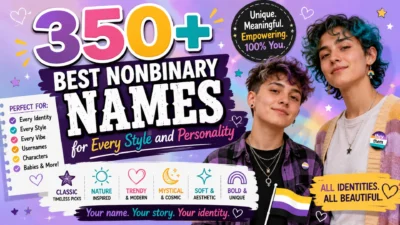 Colorful 1920×1080 banner featuring diverse nonbinary individuals, pastel gradient colors, and bold typography promoting 350+ Best Nonbinary Names for Every Style and Personality.