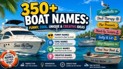 Elegant 1200×1200 illustration featuring a luxury yacht cruising across a calm blue ocean at sunset with premium yacht name ideas displayed in a sophisticated nautical design accented with gold details.