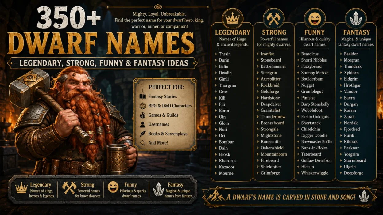 Fantasy-inspired 1200×1200 illustration featuring legendary dwarf clan names carved into ancient stone tablets, surrounded by armored dwarves, battle axes, mountain peaks, glowing forges, and medieval runes.