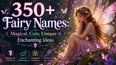 Illustrated infographic showing common mistakes to avoid when choosing fairy names, featuring a magical fairy with glowing wings, floral decorations, and practical naming tips in an enchanted forest setting.