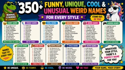 Colorful 1200×1200 illustration showcasing creative ways to use weird names with playful icons for gaming, pets, social media, fantasy characters, businesses, and storytelling in a fun infographic style.