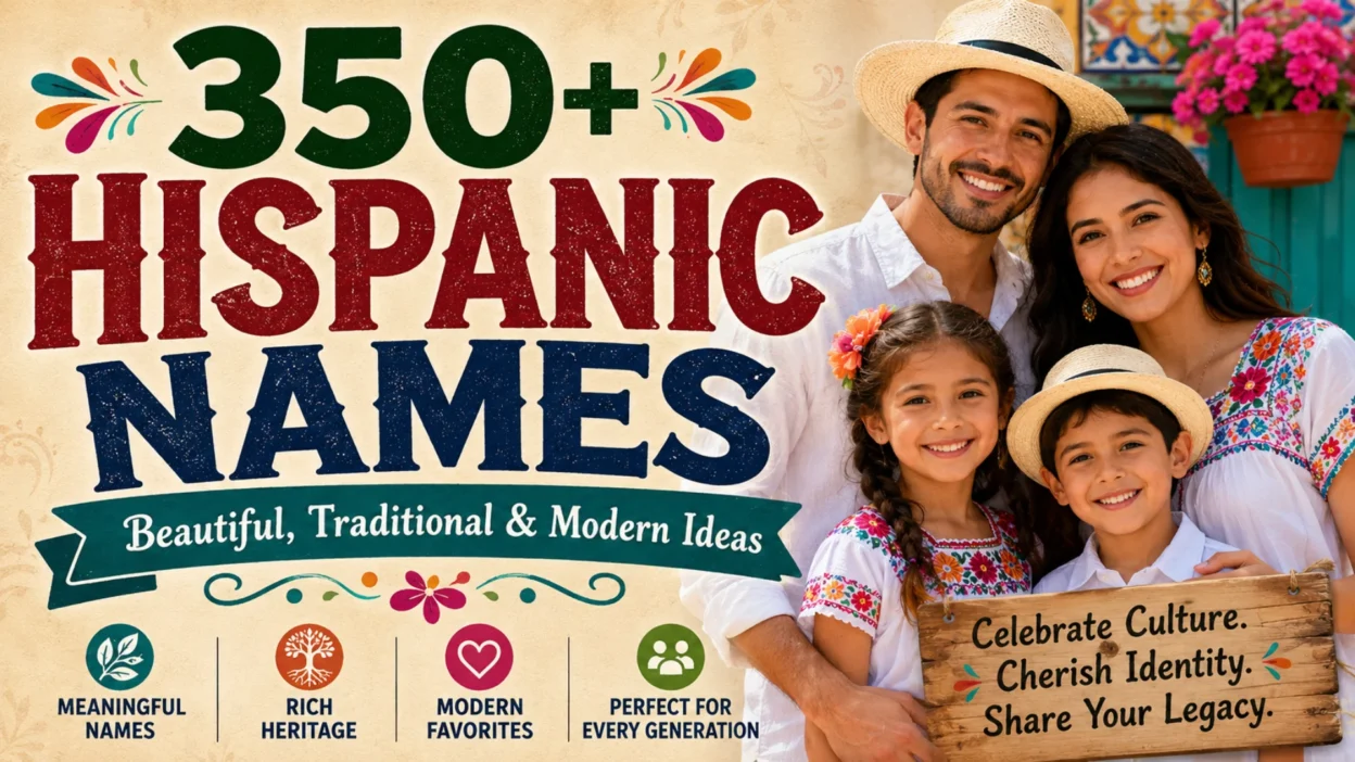 Colorful infographic titled "Common Mistakes to Avoid" featuring illustrated tips about choosing Hispanic names respectfully, including name meanings, pronunciation, cultural significance, and family traditions with vibrant Hispanic-inspired decorations.