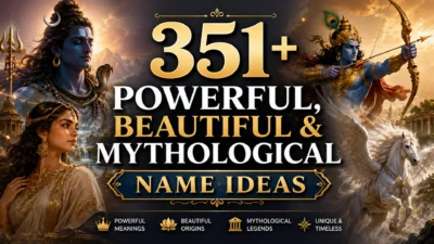 A cinematic fantasy banner featuring mythological-inspired characters, ancient temples, majestic mountains, and bold typography promoting 351+ powerful, beautiful, and mythological name ideas.