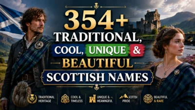 A cinematic Scottish-themed banner featuring Highland landscapes, a historic castle, people in traditional tartan attire, and bold typography promoting 354+ traditional, cool, unique, and beautiful Scottish names.