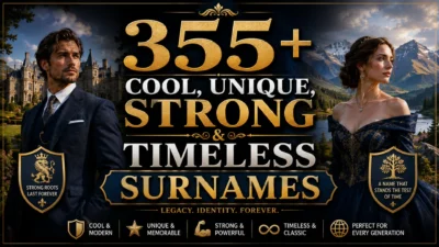 A premium cinematic banner featuring elegant men and women, a grand estate, mountain scenery, heraldic shields, and bold typography promoting 355+ cool, unique, strong, and timeless surnames.
