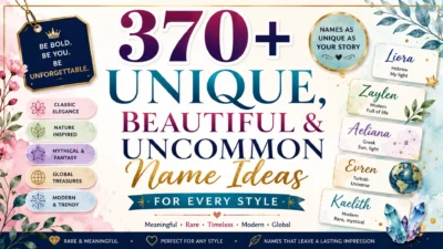Elegant featured image showcasing unique, beautiful, and uncommon name ideas with stylish typography, floral accents, decorative name cards, and a modern editorial design on a soft pastel background.