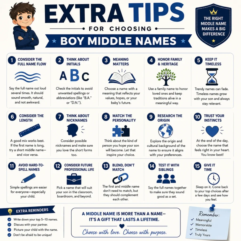 Square infographic on a cream background titled “Extra Tips for Choosing Boy Middle Names,” displaying 15 illustrated naming tips and a checklist of key reminders in a navy-blue theme.
