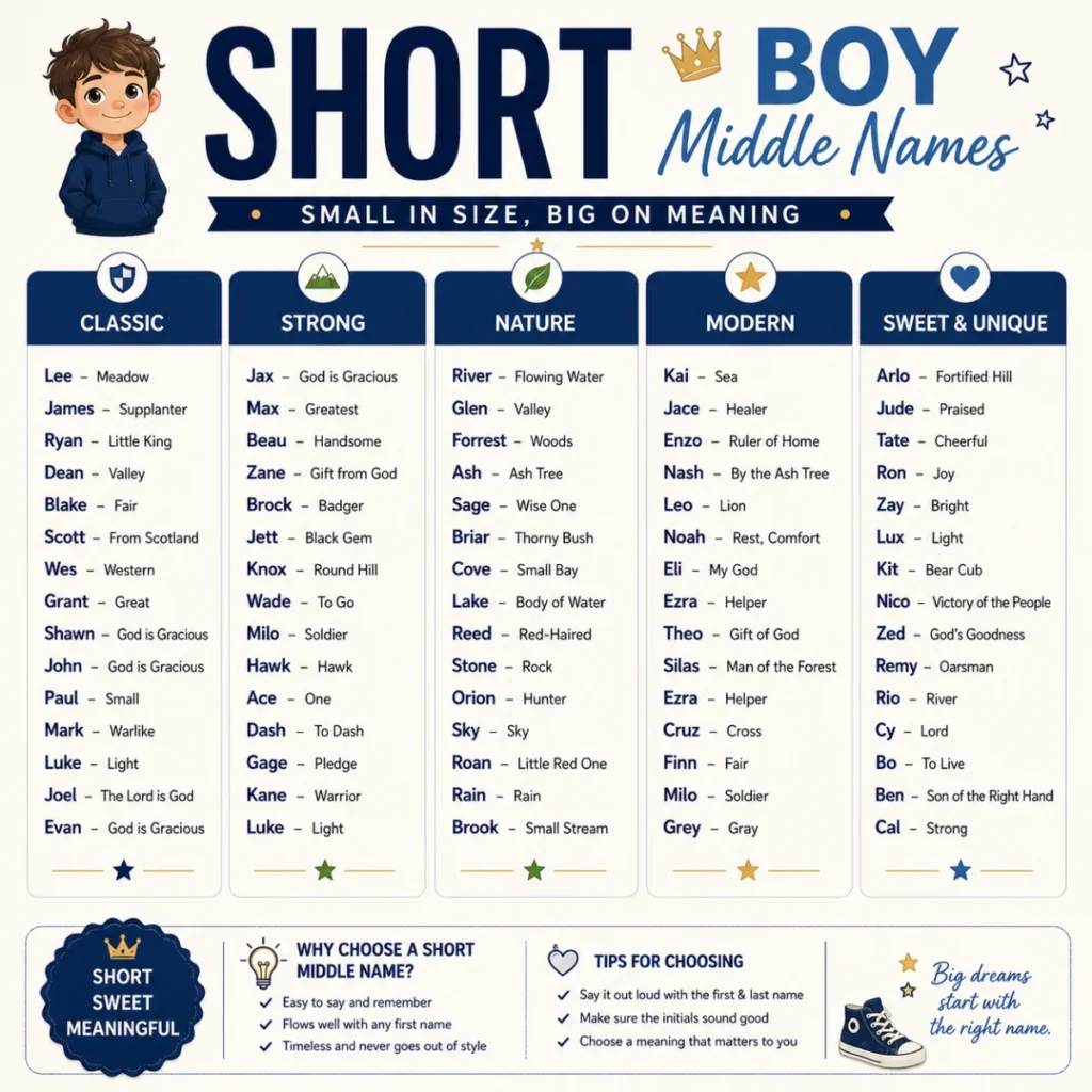 Square infographic titled “Extra Tips for Choosing Boy Middle Names” featuring 15 practical naming tips with illustrated icons on a cream and navy background.