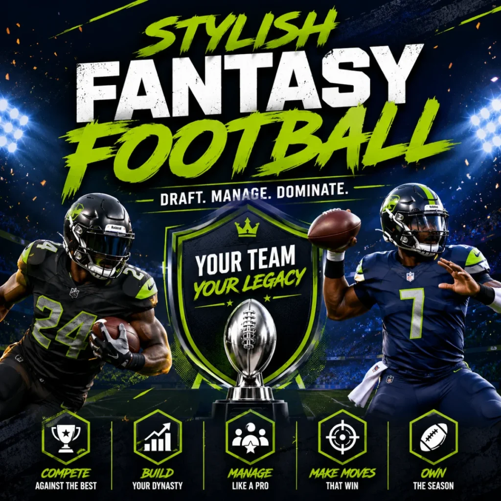 Gold fantasy football trophy and pigskin resting on a floodlit field beneath the title “100+ Fantasy Football Names: Creative, Funny & Cool Ideas.”