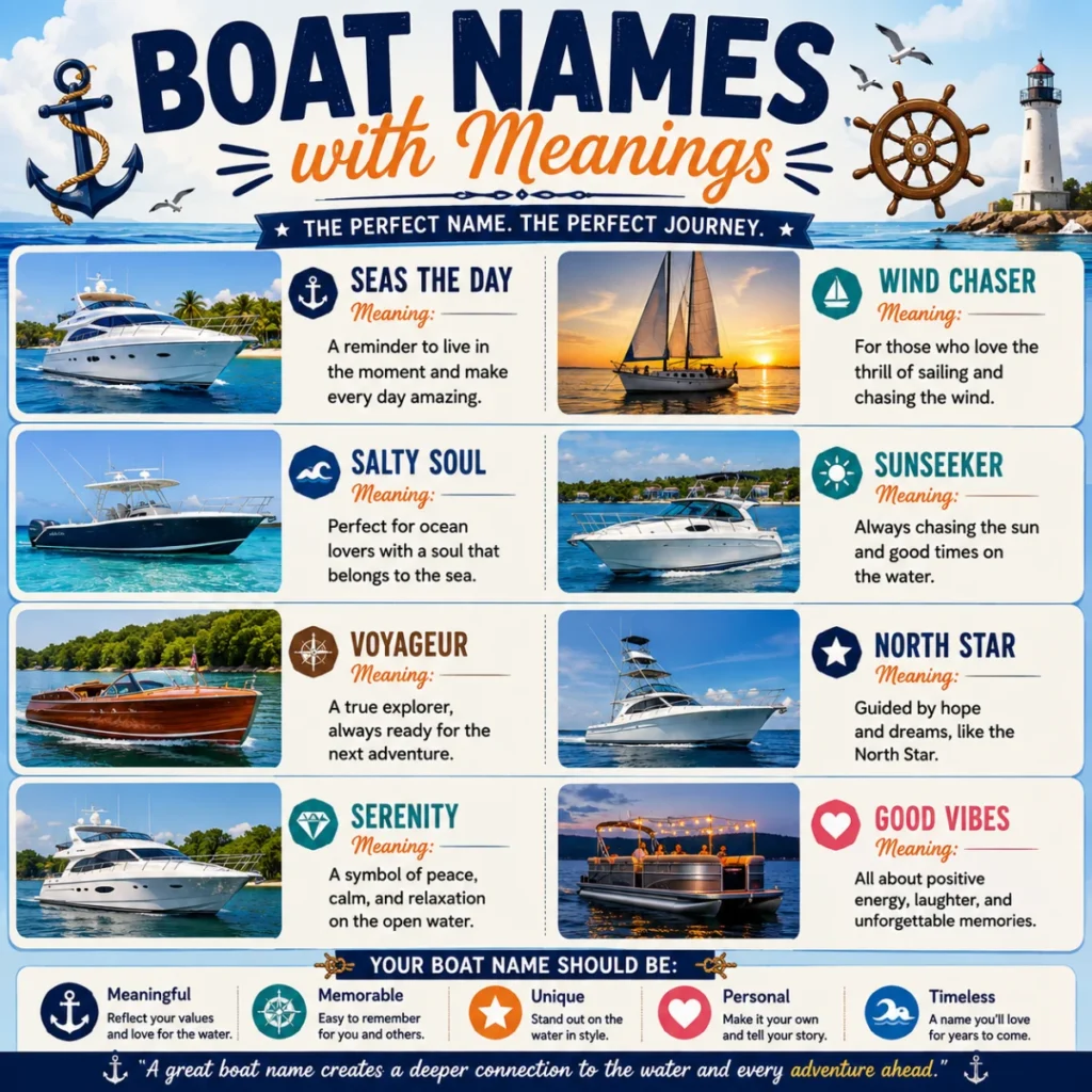 Luxury 1200×1200 graphic featuring an elegant white yacht on a tranquil ocean with stylish yacht name ideas, gold nautical accents, anchors, and a sophisticated maritime theme.