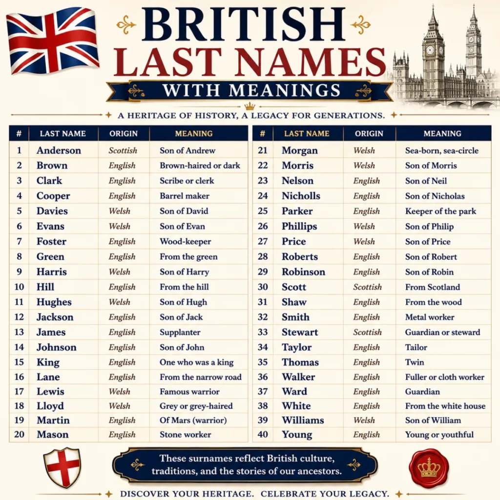 Educational infographic about the origins of British last names featuring categories such as occupational, patronymic, locational, descriptive, and nature-inspired surnames with traditional British landmarks and vintage design elements.