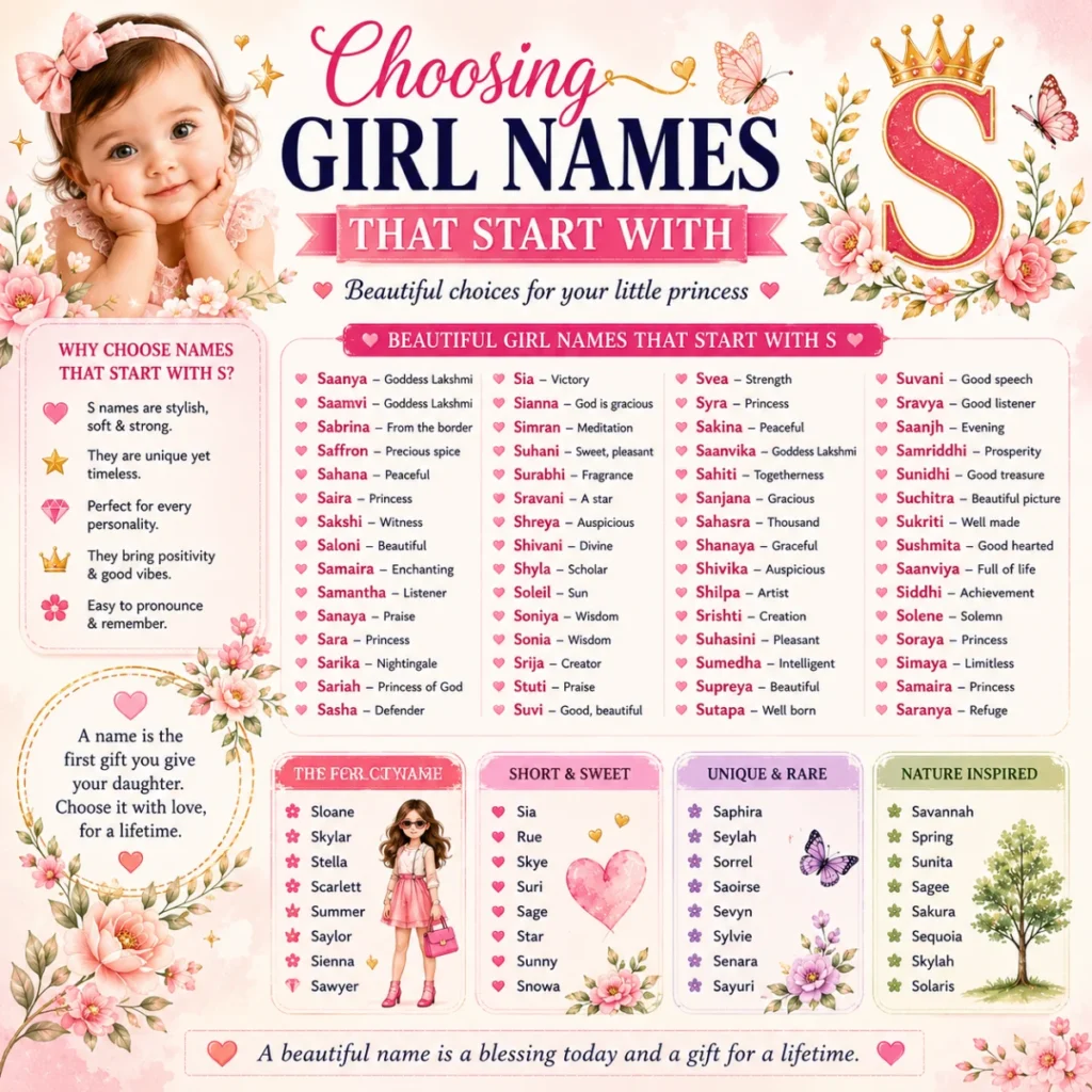 Soft pastel 1200×1200 graphic about choosing girl names that start with S, featuring a cute baby girl, floral illustrations, butterflies, heart accents, and elegant lettering with a warm, family-friendly design.