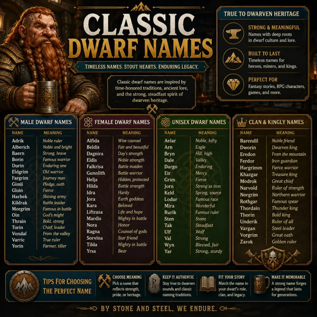 High-quality 1200×1200 fantasy illustration of legendary dwarf clans gathered in a majestic mountain kingdom, featuring ancient runes, stone fortresses, glowing forges, battle hammers, and iconic clan emblems.