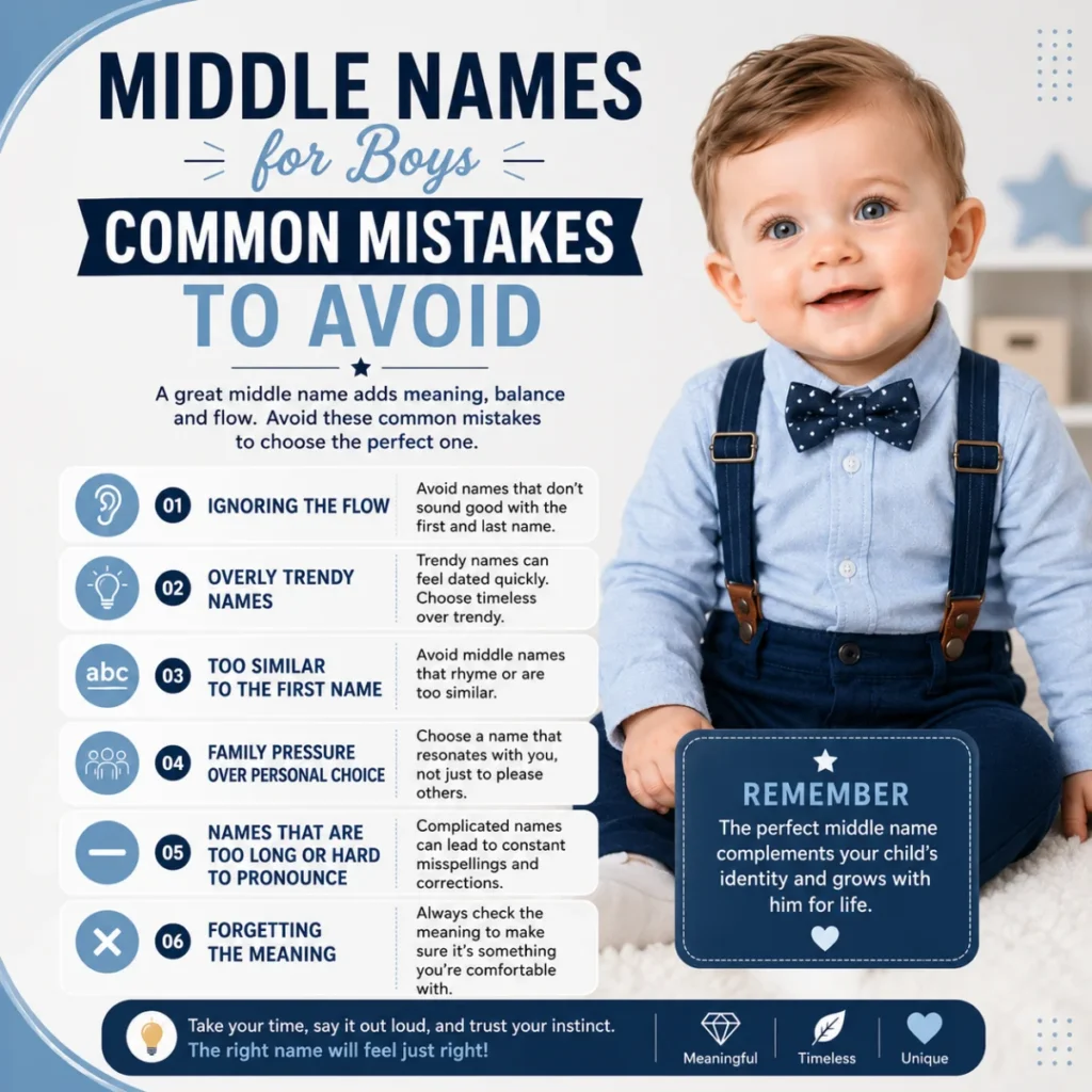 Hero banner featuring 350+ middle names for boys with classic, cool, unique, and timeless name ideas alongside a smiling baby boy in a stylish outfit.