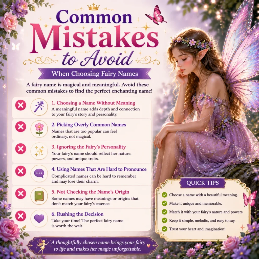 Whimsical fairy-themed infographic illustrating common mistakes to avoid when choosing fairy names, featuring a glowing fairy, enchanted flowers, butterflies, and magical woodland scenery.