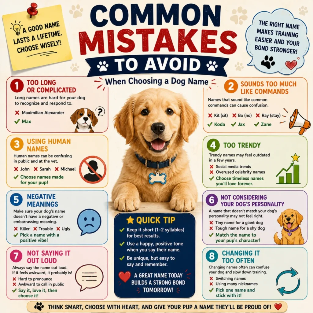 Modern 1200×1200 illustration showing common mistakes to avoid when choosing unique dog names, featuring a cute puppy, paw print graphics, checklist icons, and colorful dog naming tips.