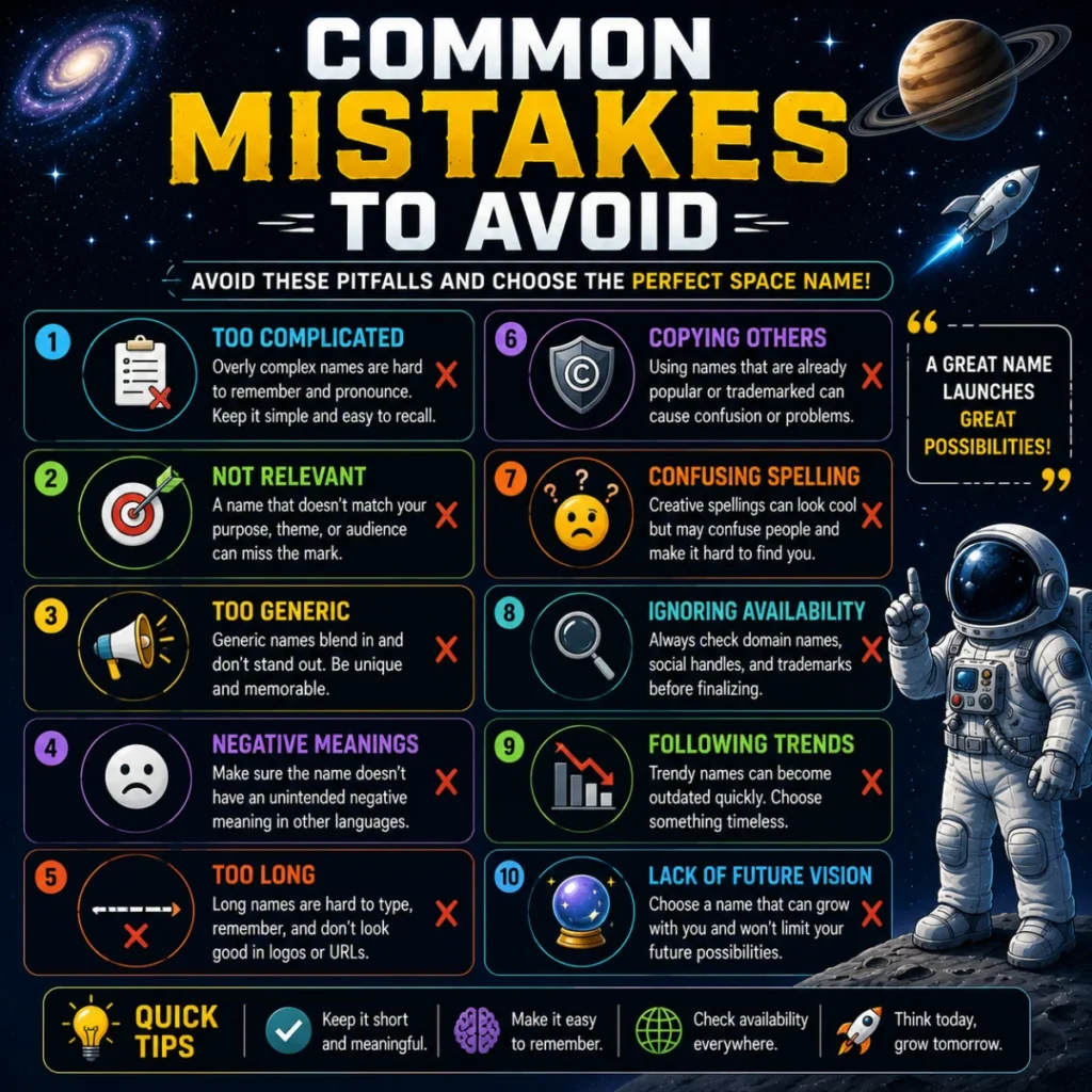 Vibrant 1200×1200 illustration of common mistakes to avoid when picking space names, featuring a smiling astronaut, planets, rockets, galaxies, stars, and colorful infographic-style tips.
