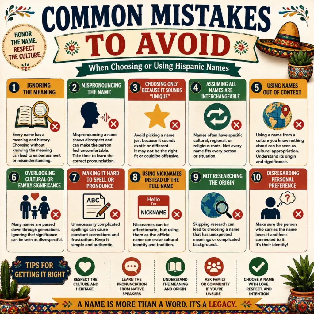 Educational infographic showing common mistakes to avoid when selecting Hispanic names, with colorful cultural illustrations, informative icons, and guidance on name meanings, pronunciation, heritage, and respectful naming practices.