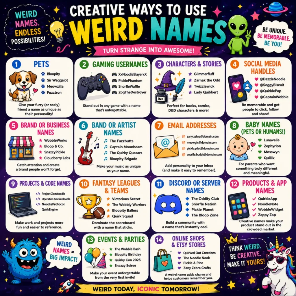 Colorful 1200×1200 infographic-style illustration showing creative ways to use weird names with fun icons for gaming, fantasy characters, pets, businesses, books, social media, and branding ideas.