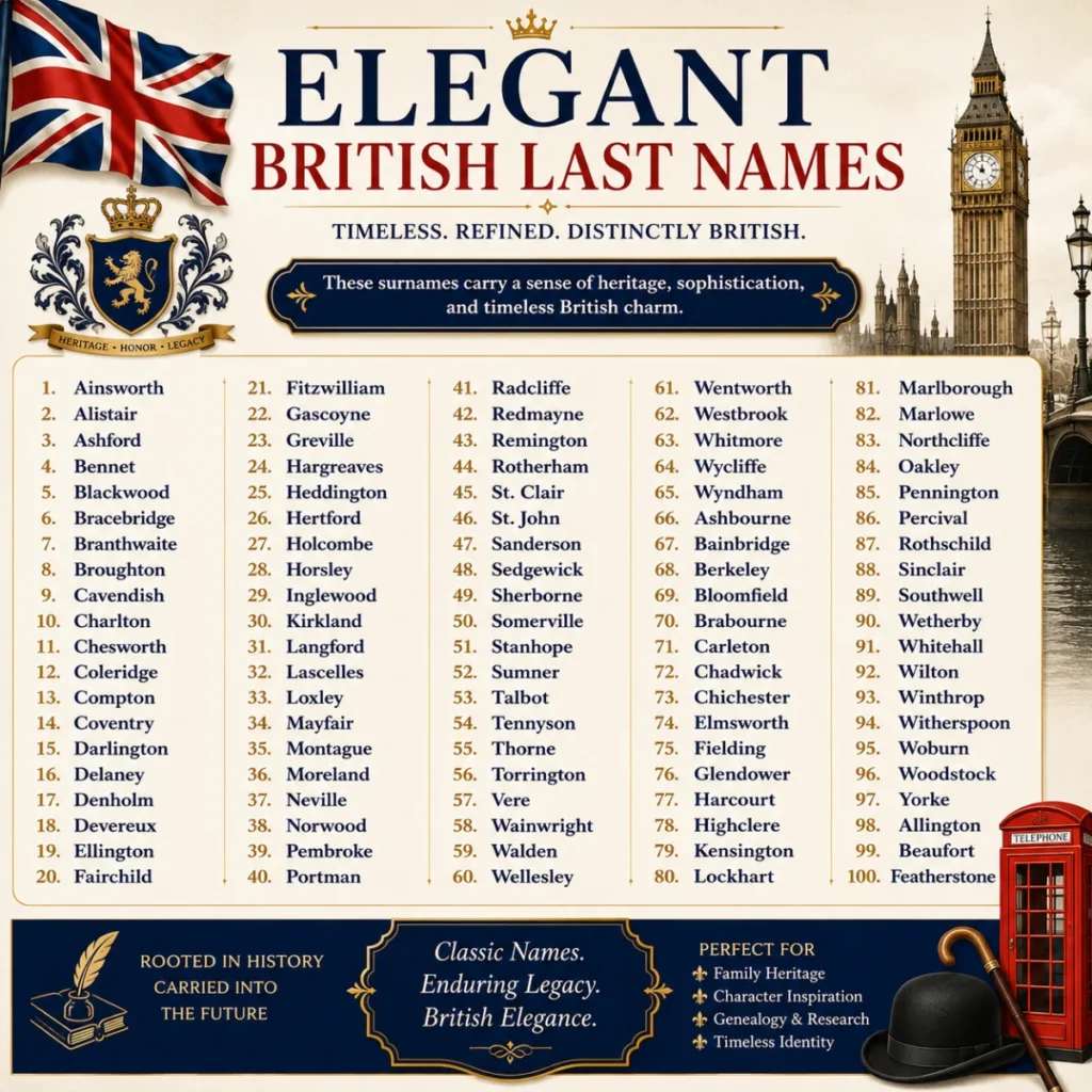 Vintage-style infographic illustrating the origins of British last names, featuring surname categories, historical timeline, British landmarks, and examples of occupational, locational, patronymic, and descriptive surnames.