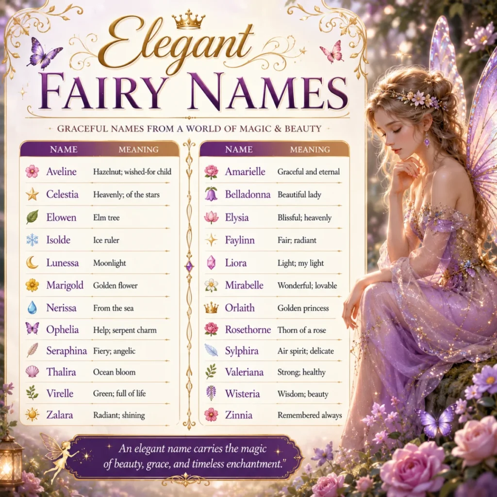 Fantasy-inspired infographic about common mistakes to avoid when choosing fairy names, featuring an elegant fairy, floral accents, magical sparkles, and an enchanted forest backdrop.