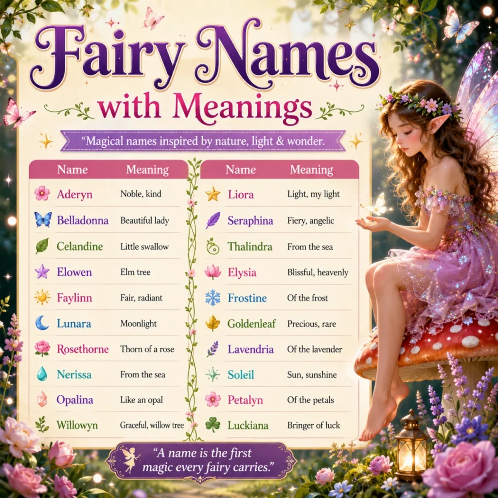 Magical fairy-themed infographic titled "Common Mistakes to Avoid" featuring a graceful fairy, enchanted forest background, and expert tips for choosing beautiful and meaningful fairy names.