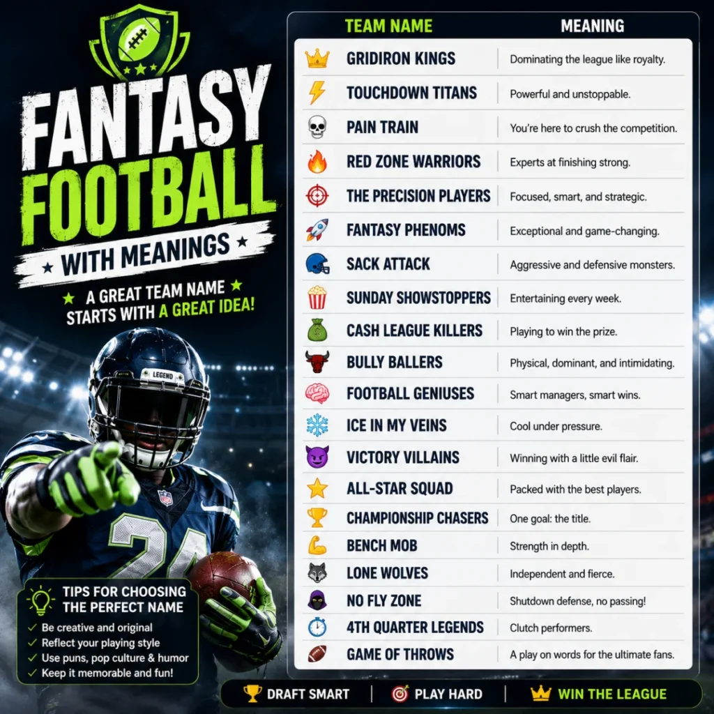 Championship trophy and football on a brightly lit stadium field with the headline promoting over 100 creative, funny, and cool fantasy football team names.