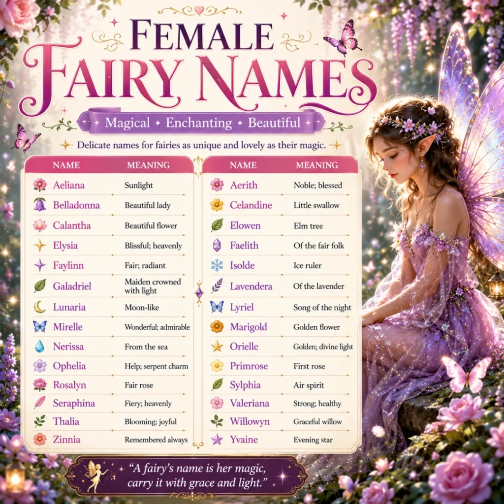 Enchanted fairy infographic featuring a beautiful fairy with sparkling wings and a checklist of common mistakes to avoid when selecting magical fairy names.