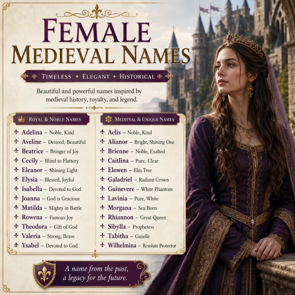 Unique Medieval Names infographic featuring a medieval king and noblewoman standing before a grand castle, with rare medieval names for boys, girls, and unisex characters displayed on decorative parchment panels.