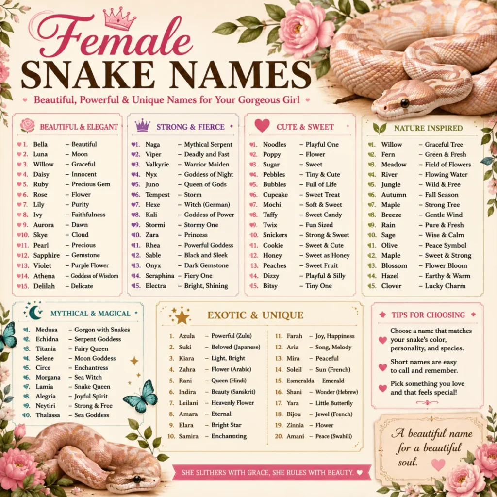 Educational infographic about personalizing your pet snake's name with colorful illustrations, a realistic snake, and creative naming tips based on personality, appearance, species, patterns, mythology, and personal interests.