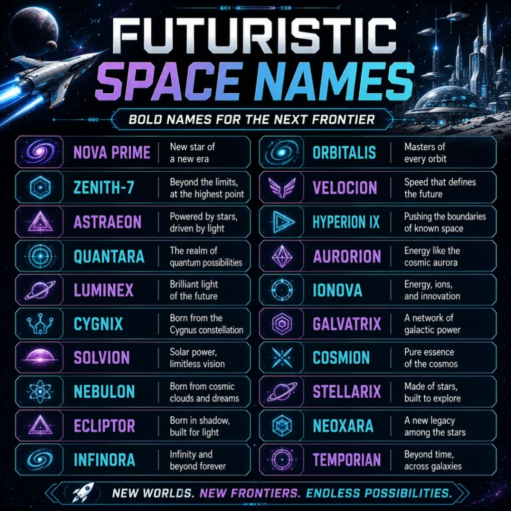 Eye-catching 1200×1200 infographic featuring common mistakes to avoid when creating space names, with an astronaut, planets, rockets, galaxies, and colorful checklist icons on a cosmic background.