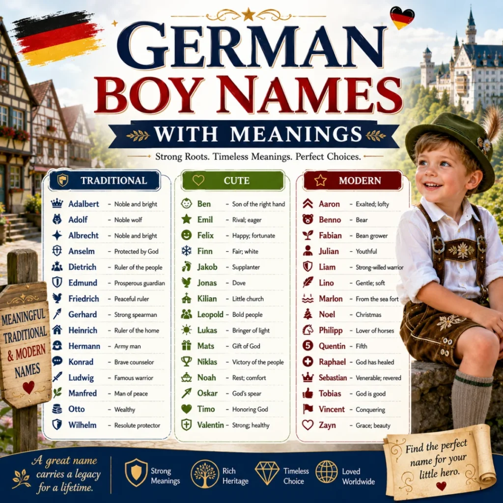 Modern infographic about common mistakes to avoid when choosing German boy names, featuring helpful naming tips and a stylish design.