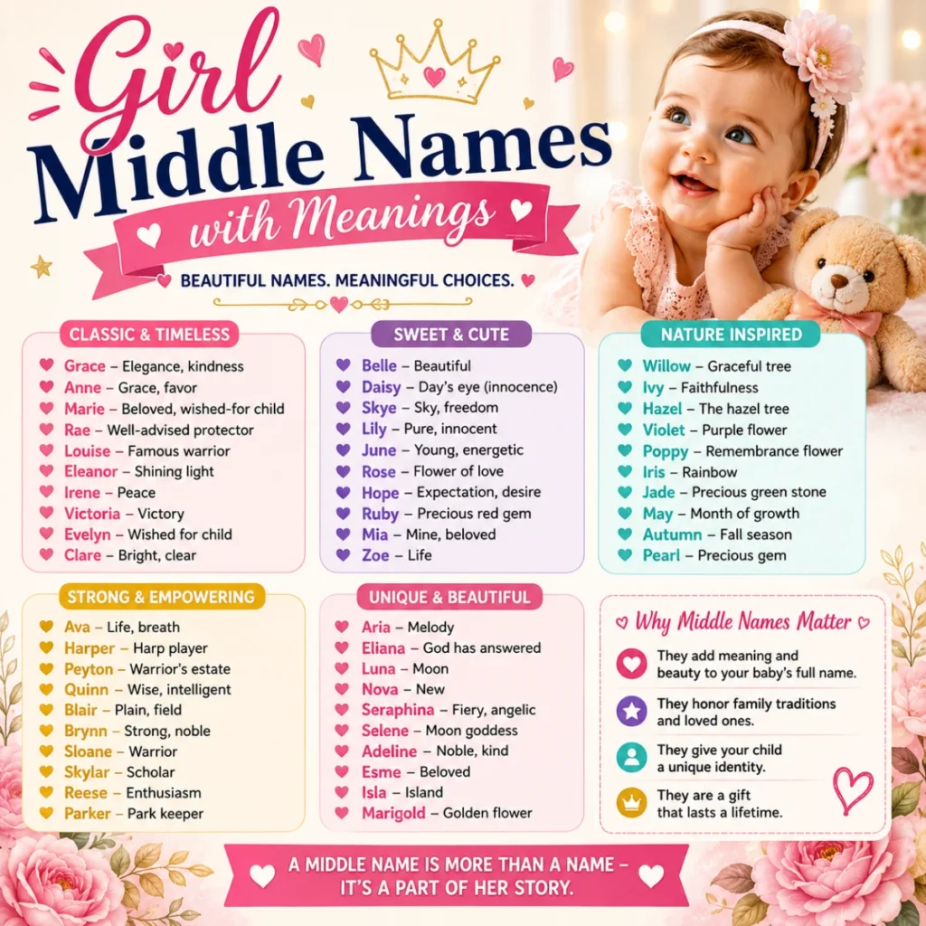Beautiful girl middle names list featuring classic, cute, unique, and timeless middle name ideas with meanings.