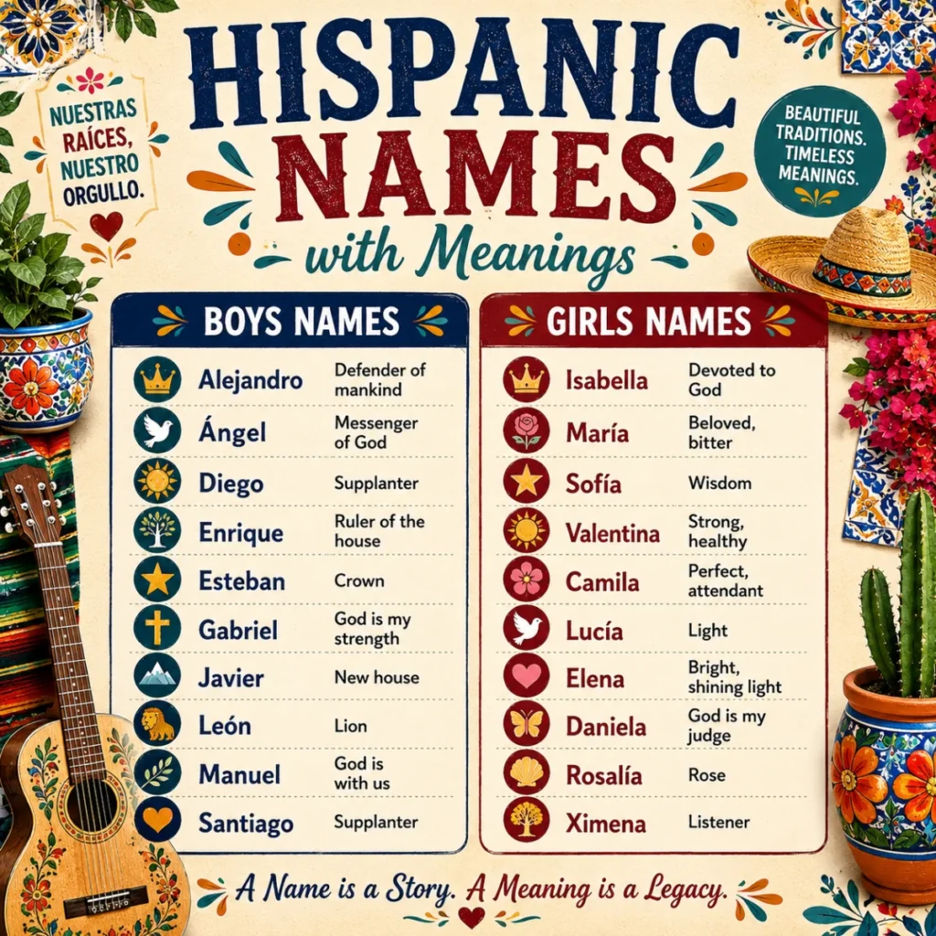 Square infographic illustrating common mistakes to avoid when choosing Hispanic names, featuring icons for pronunciation, cultural respect, name meanings, family heritage, and research, surrounded by colorful Hispanic-inspired decorative elements.