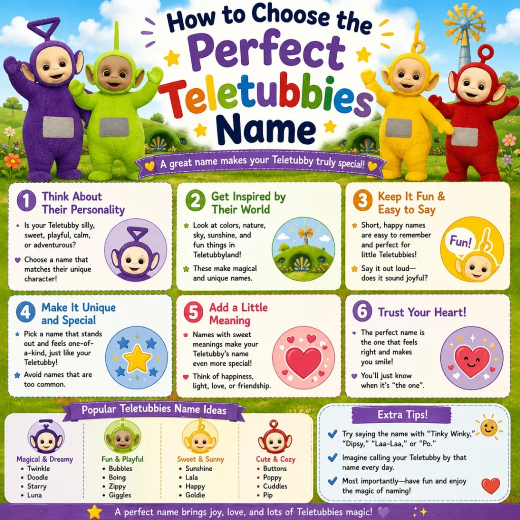 Bright 1200×1200 cartoon infographic featuring adorable pets with Teletubbies-inspired names, colorful hills, smiling animals, playful typography, and a fun, family-friendly design.