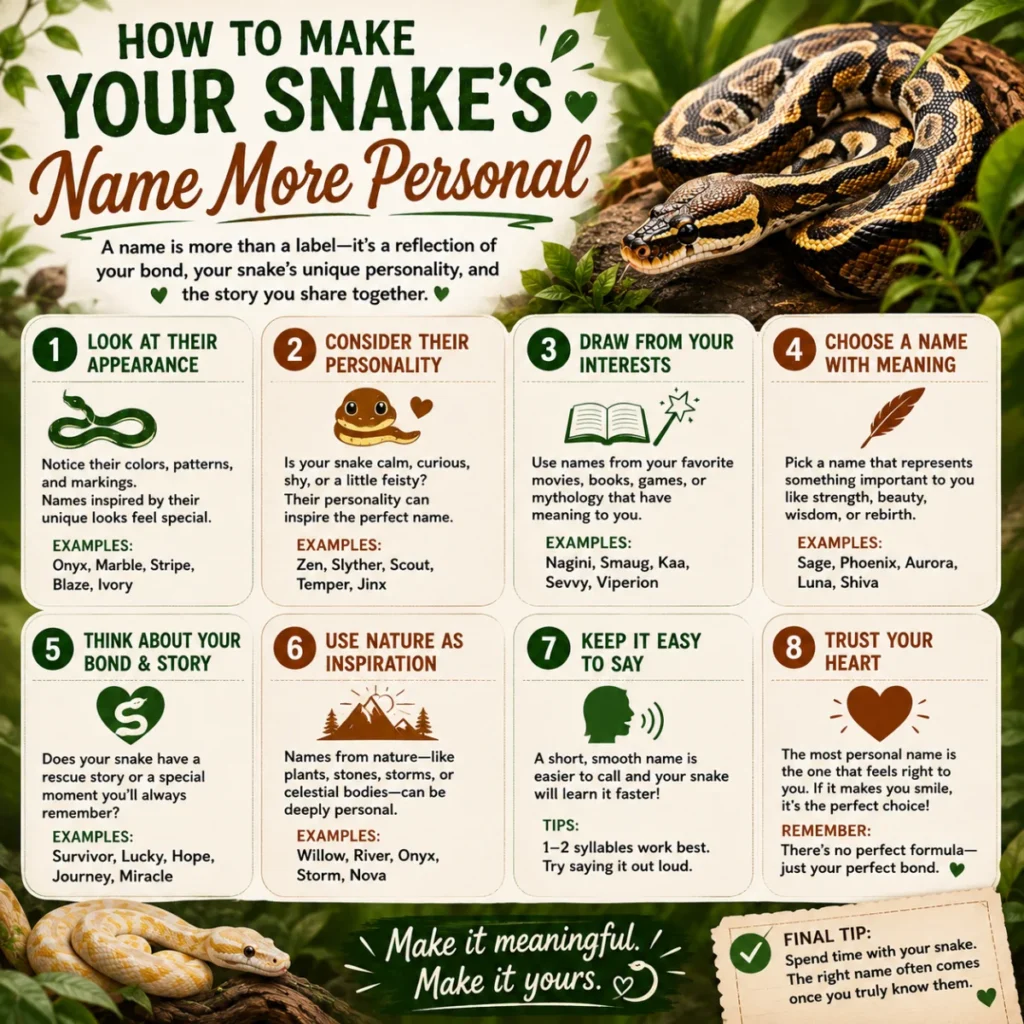 Colorful infographic illustrating how to create a personal name for a pet snake, featuring a realistic snake, creative naming tips, icons, and nature-inspired elements in a clean 1200×1200 layout.