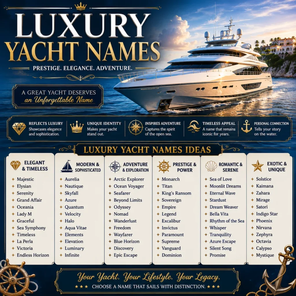 Elegant 1200×1200 square graphic showing a luxury superyacht sailing across a calm ocean at sunset with premium yacht name ideas, gold nautical accents, and a refined maritime design.