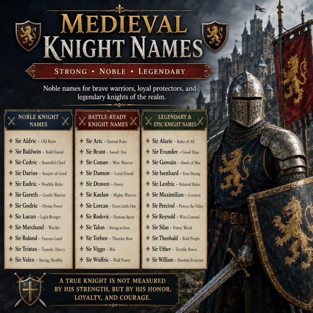 Medieval Knight Names infographic featuring an armored knight with a sword and shield before a medieval castle, showcasing noble, legendary, and battle-ready knight names on parchment-style panels.
