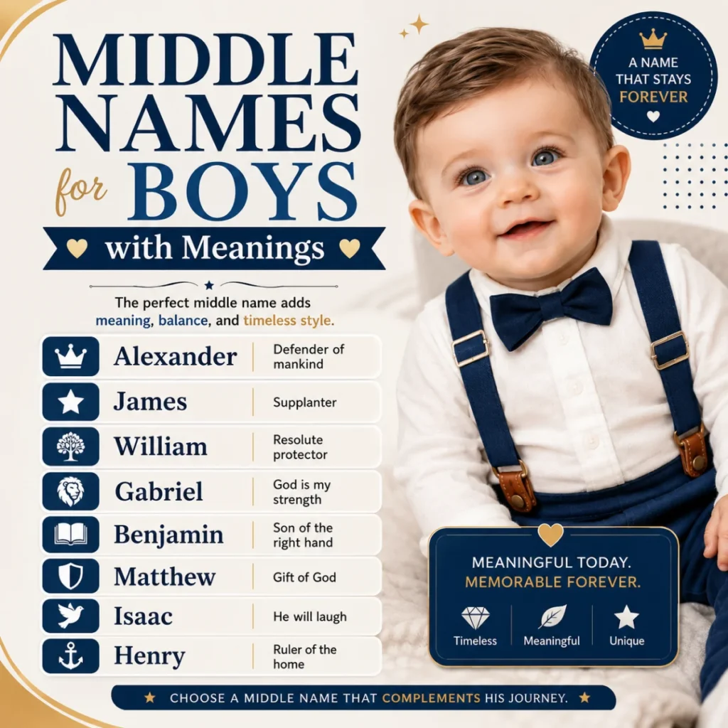 Infographic featuring modern middle names for boys with meanings, stylish typography, and a smiling baby boy in a blue outfit on a clean blue and white background.